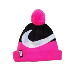 Nike Youth Pink/Black Swoosh Acrylic Knit Cuffed Beanie w Pom-Pom